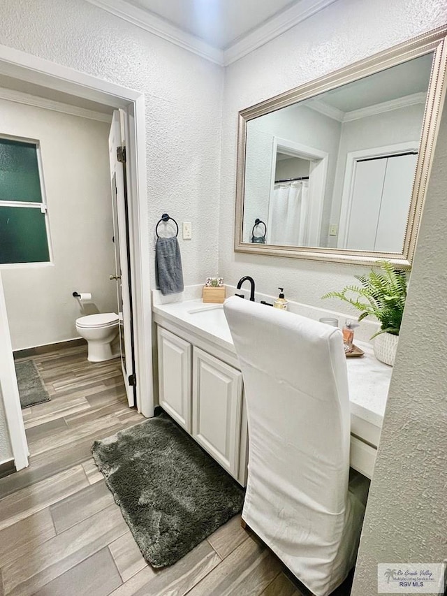 bathroom featuring toilet, wood tiled floor, crown molding, and vanity