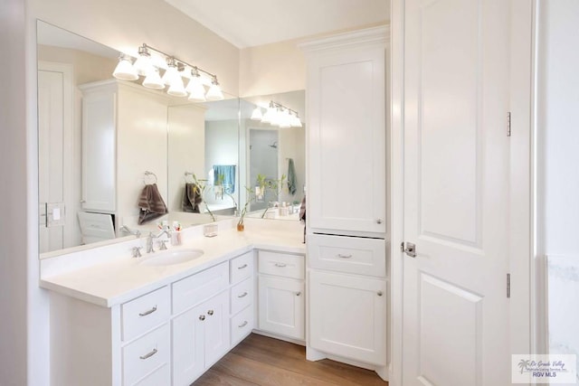 bathroom featuring hardwood / wood-style floors and vanity