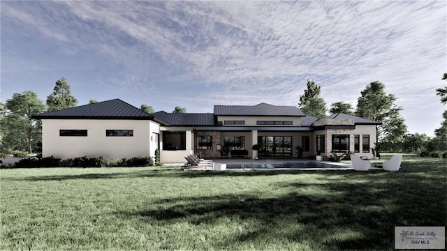 back of property featuring a lawn and a patio