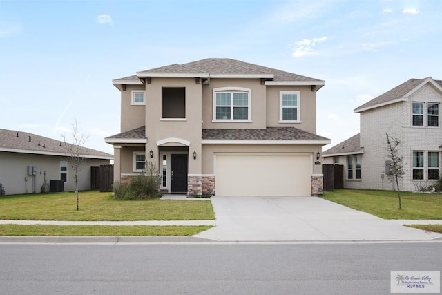 view of front of home with a garage, concrete driveway, cooling unit, a front yard, and stucco siding