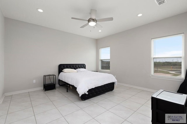 bedroom with baseboards, visible vents, a ceiling fan, and recessed lighting