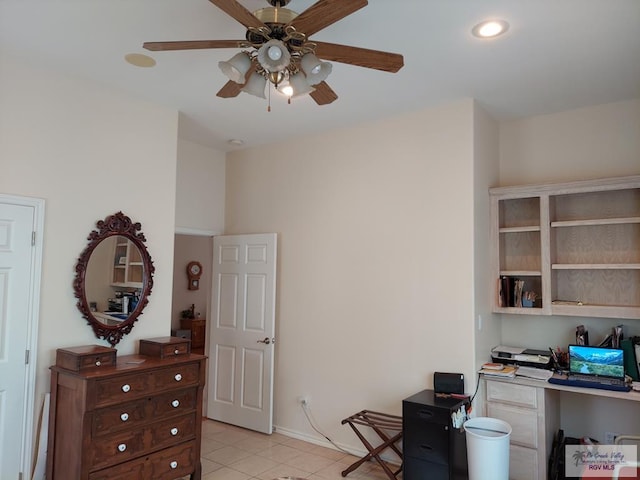 office area featuring ceiling fan and light tile patterned flooring