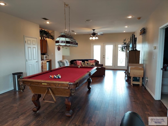 rec room with ceiling fan, dark wood-type flooring, pool table, and french doors