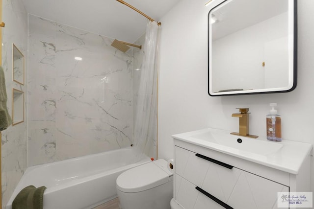 full bathroom featuring vanity, toilet, and shower / bathtub combination with curtain