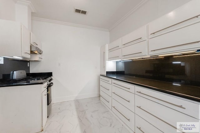 kitchen featuring visible vents, stainless steel range with gas cooktop, marble finish floor, and ornamental molding