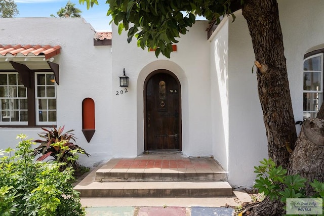 doorway to property featuring stucco siding and a tile roof