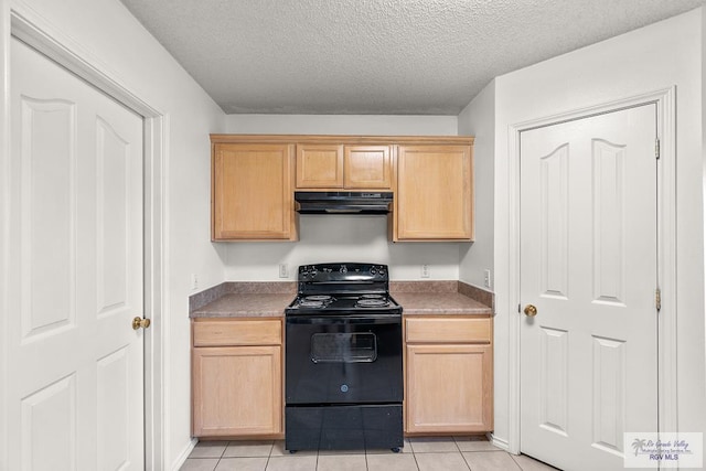 kitchen featuring light brown cabinetry, light tile patterned flooring, a textured ceiling, and black range with electric cooktop