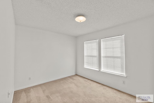 empty room with light colored carpet and a textured ceiling