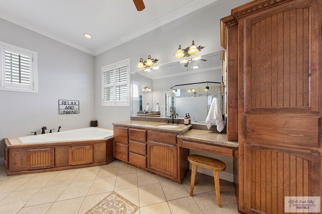 bathroom featuring tile patterned flooring, vanity, crown molding, and plus walk in shower