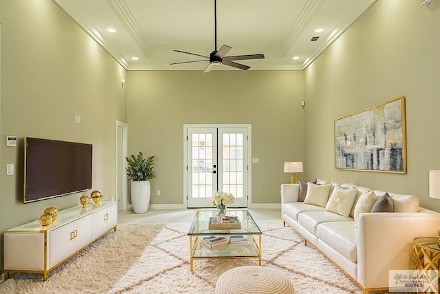 living room featuring french doors, crown molding, recessed lighting, ceiling fan, and baseboards