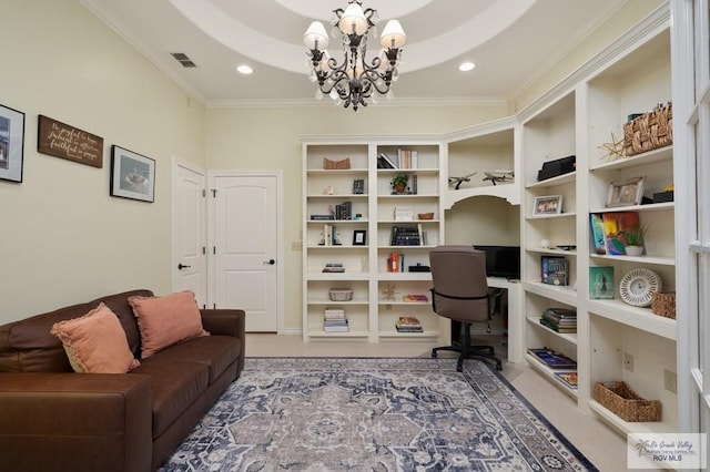 office featuring recessed lighting, an inviting chandelier, visible vents, and crown molding