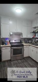 kitchen featuring stainless steel electric stove, white cabinetry, dark hardwood / wood-style flooring, and sink