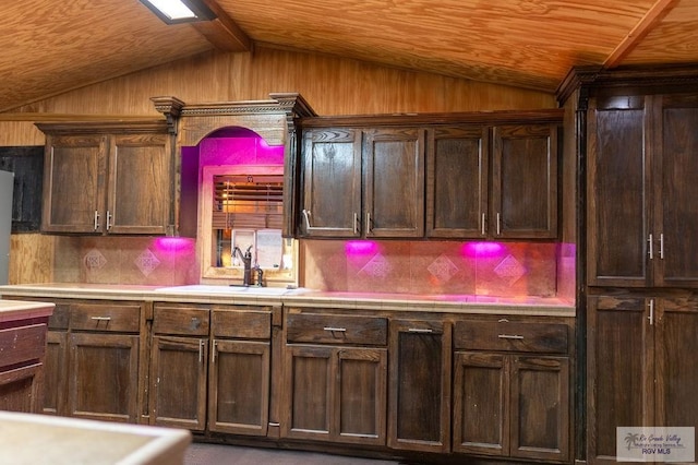 kitchen with dark brown cabinets, backsplash, lofted ceiling, and sink