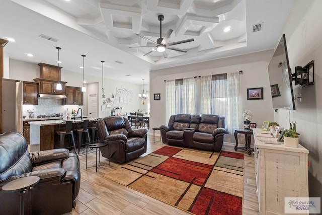 living room featuring beamed ceiling, ceiling fan, sink, and coffered ceiling