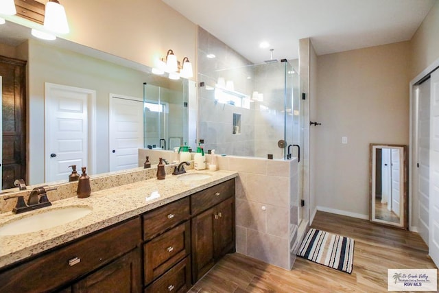 bathroom with a shower with door, vanity, and wood-type flooring