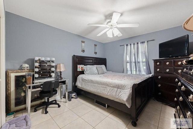 bedroom featuring ceiling fan and light tile patterned floors