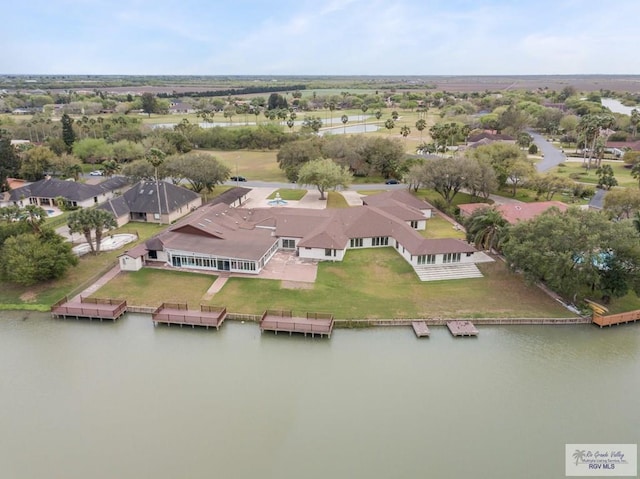 bird's eye view with a water view