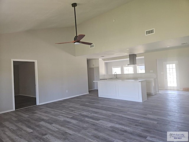 1115 Falcon Dr, Harlingen, TX 78550 - unfurnished living room featuring high vaulted ceiling, dark wood-type flooring, and ceiling fan
