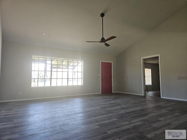 1115 Falcon Dr, Harlingen, TX 78550 - empty room featuring ceiling fan, dark wood-type flooring, and high vaulted ceiling