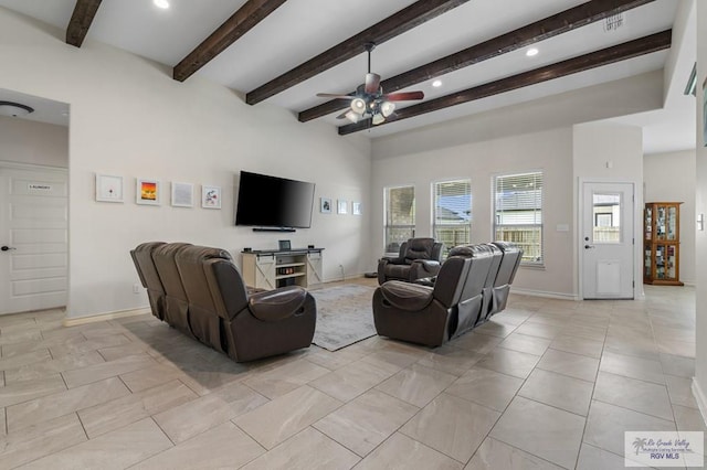 16756 E Barger Ct, Harlingen, TX 78552 - living room with a ceiling fan, baseboards, beam ceiling, and recessed lighting