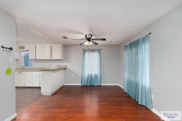 kitchen with a wealth of natural light, white cabinets, dark hardwood / wood-style floors, and ceiling fan