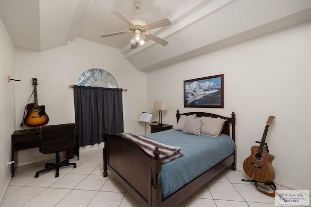 tiled bedroom with vaulted ceiling with beams and ceiling fan