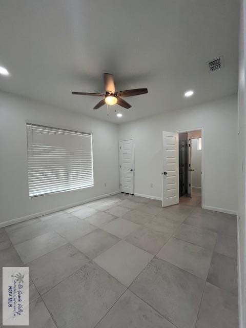 4031 Tito Ct Unit 45, Brownsville, TX 78521 - unfurnished bedroom with light tile patterned floors, visible vents, baseboards, recessed lighting, and a ceiling fan