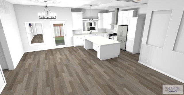 kitchen featuring stainless steel refrigerator, white cabinets, a kitchen island, and pendant lighting