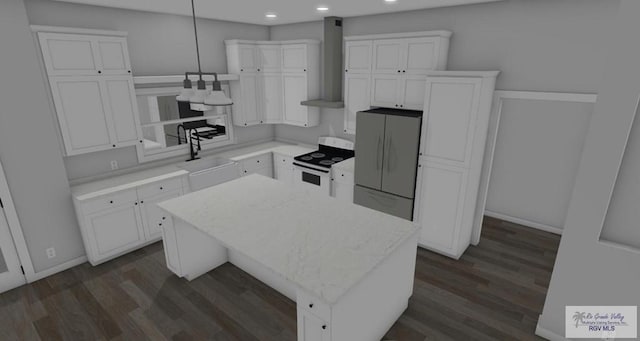 kitchen featuring refrigerator, sink, white electric stove, wall chimney exhaust hood, and a kitchen island