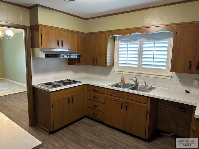 kitchen featuring sink, backsplash, dark hardwood / wood-style floors, and white electric stovetop