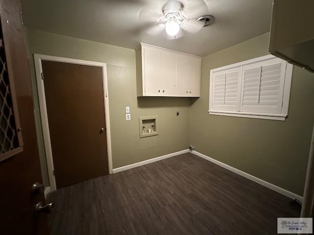 laundry room with cabinets, dark hardwood / wood-style floors, electric dryer hookup, ceiling fan, and washer hookup