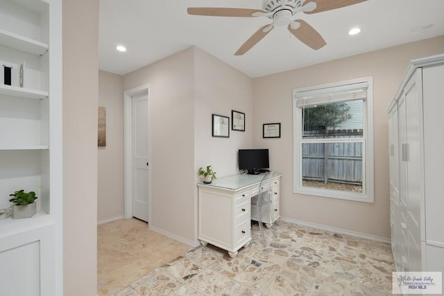 1215 Bluebonnet Dr, Brownsville, TX 78521 - home office with a ceiling fan, recessed lighting, and baseboards