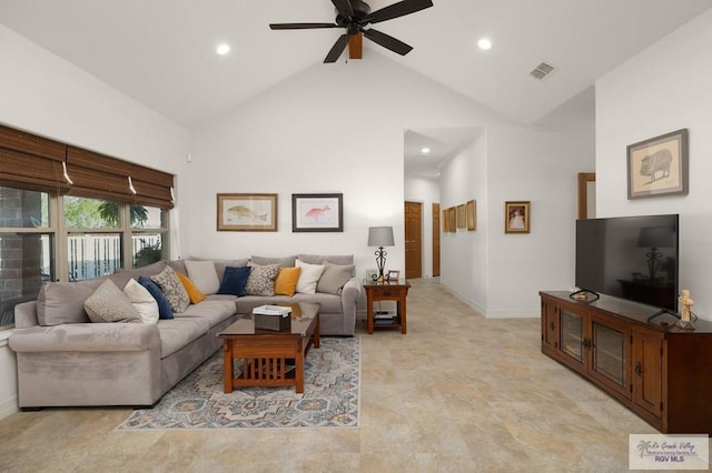 living area with baseboards, visible vents, a ceiling fan, high vaulted ceiling, and recessed lighting