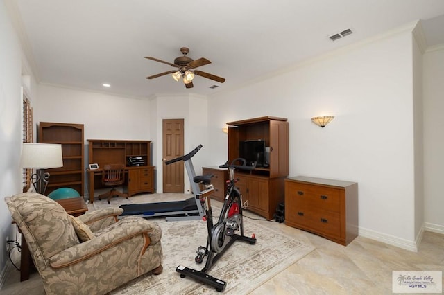 exercise area with ceiling fan, recessed lighting, visible vents, baseboards, and ornamental molding