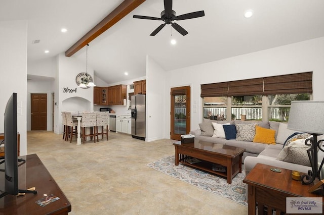 living room featuring visible vents, a ceiling fan, beamed ceiling, high vaulted ceiling, and recessed lighting