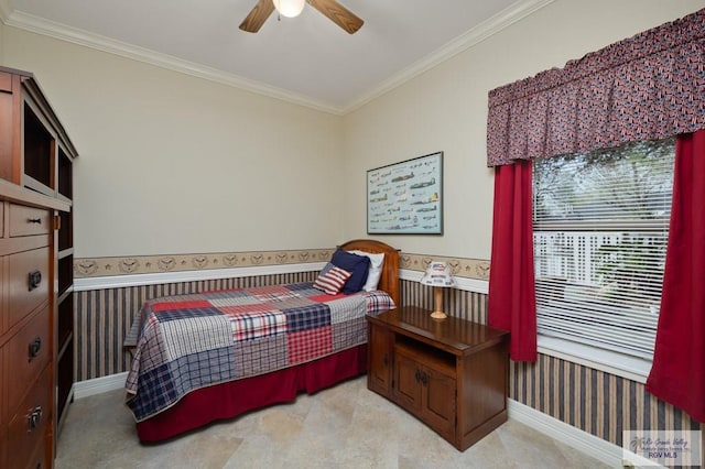 bedroom featuring light colored carpet, crown molding, baseboards, and wallpapered walls