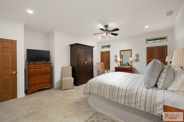 bedroom with ceiling fan, ornamental molding, visible vents, and recessed lighting