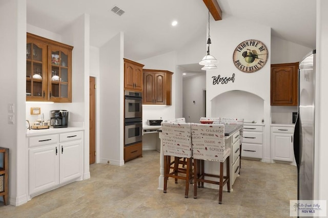 dining room with vaulted ceiling with beams, visible vents, and recessed lighting