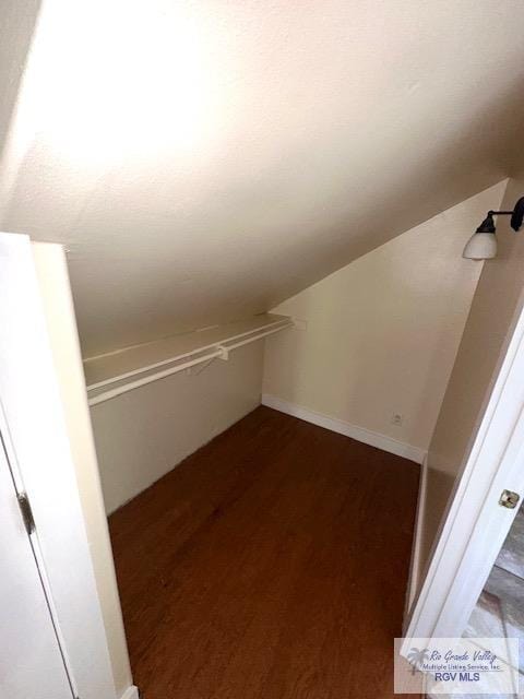 spacious closet with lofted ceiling and dark hardwood / wood-style floors