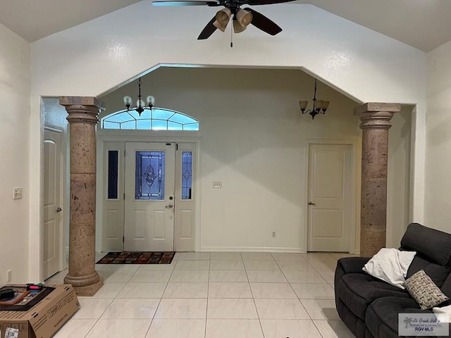 4870 Mckenzie Rd, Brownsville, TX 78521 - foyer entrance featuring ornate columns, vaulted ceiling, ceiling fan, and light tile patterned floors