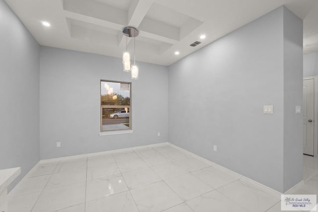 unfurnished room with recessed lighting, visible vents, baseboards, and coffered ceiling