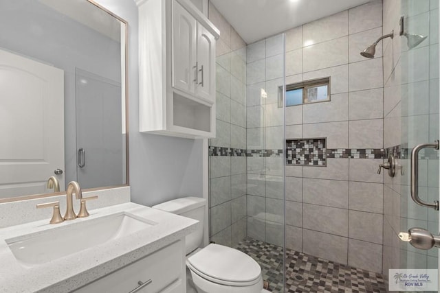 bathroom with a shower stall, toilet, and vanity