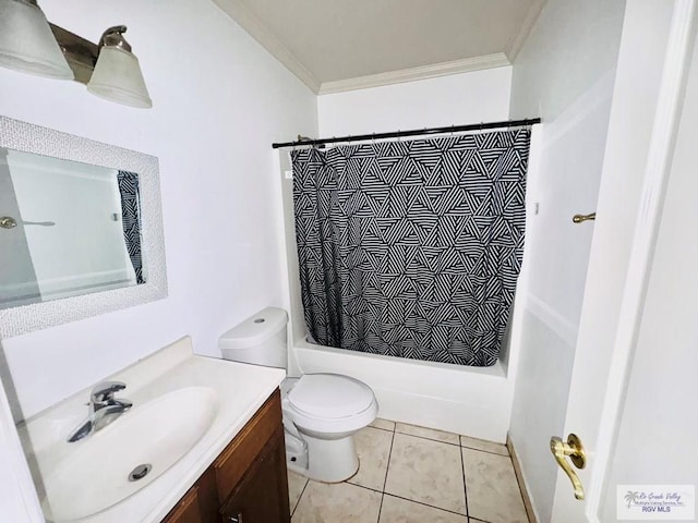 full bathroom with vanity, toilet, tile patterned flooring, and ornamental molding