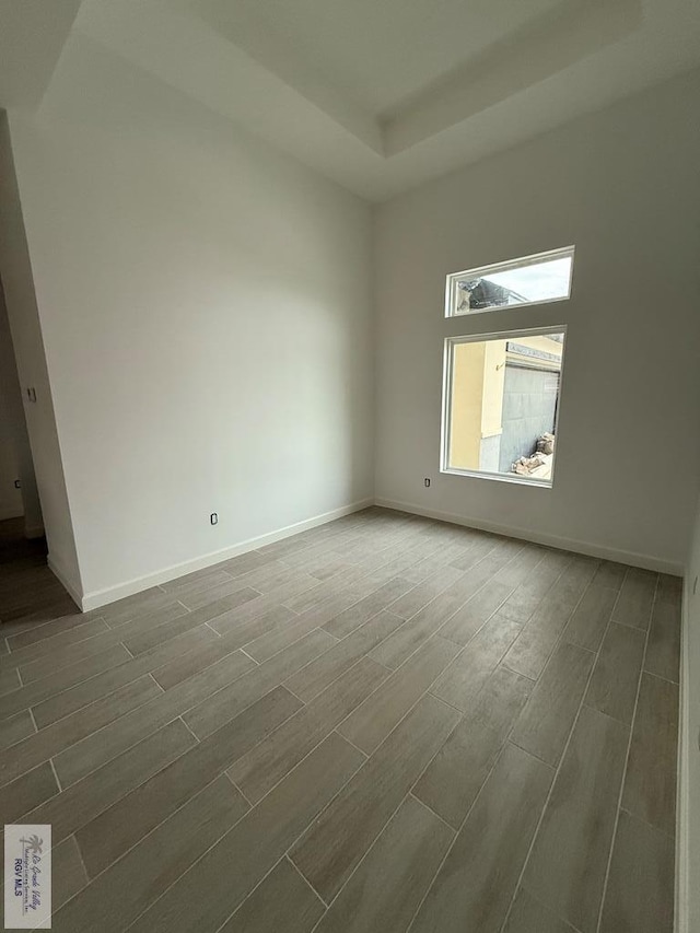 empty room with baseboards, a raised ceiling, and wood tiled floor