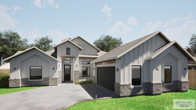 view of front facade featuring stone siding, board and batten siding, and an attached garage