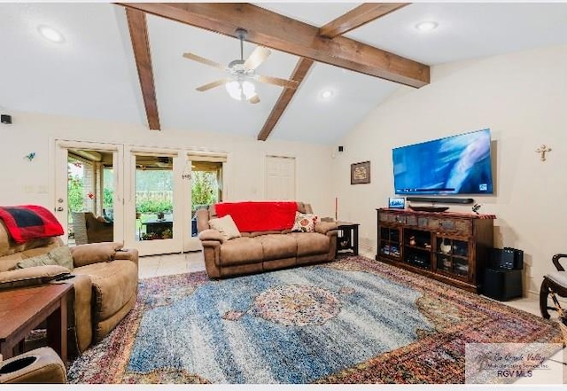 living room featuring ceiling fan, tile patterned floors, and vaulted ceiling with beams