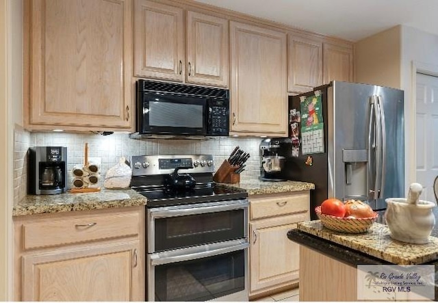 kitchen with decorative backsplash, light brown cabinets, and stainless steel appliances