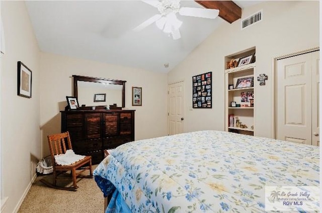 carpeted bedroom with ceiling fan and lofted ceiling with beams