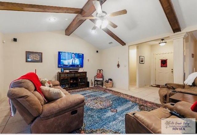 tiled living room with ceiling fan and vaulted ceiling with beams