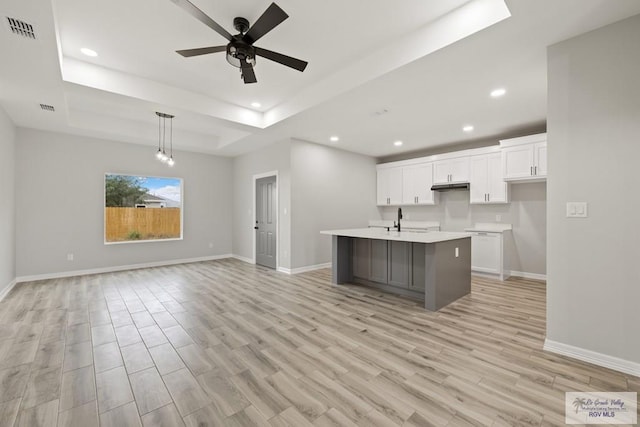 2832 Eliseo Villarreal Ave, Port Isabel, TX 78578 - kitchen featuring a tray ceiling, recessed lighting, white cabinetry, a ceiling fan, and a center island with sink